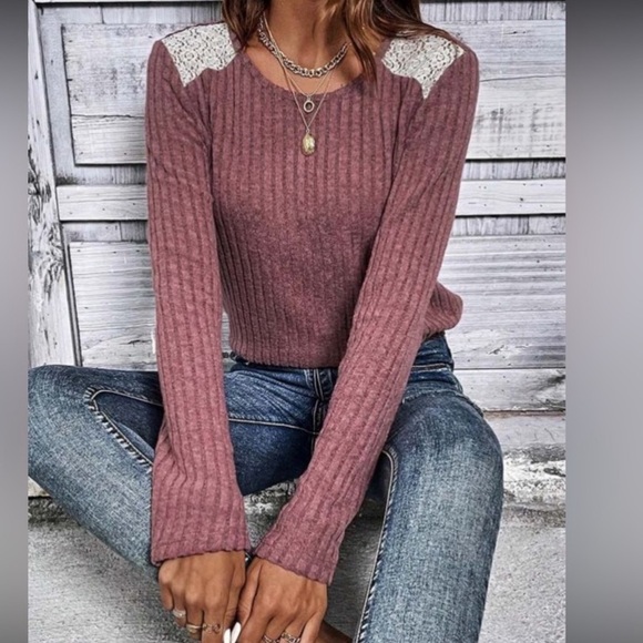 Pink/Mauve Ribbed Knit Lace Patch Shoulder Casual Sweater - Picture 6 of 9